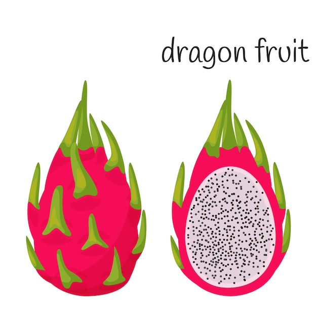 Un intero frutto del drago con la buccia con le foglie e tagliato a metà con i semi e la polpa. frutta esotica