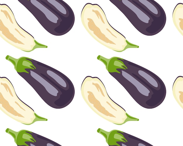 Whole eggplant and cut in half on a white background Seamless pattern in vector Suitable for print