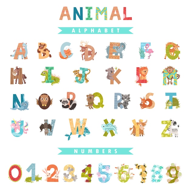Vettore alfabeto inglese intero e numeri con animali