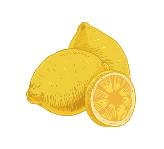 Whole fruits and piece of fresh lemon isolated on white background. composition of yellow sour citruses with peel. realistic hand-drawn vector illustration of exotic tropical fragrant food.