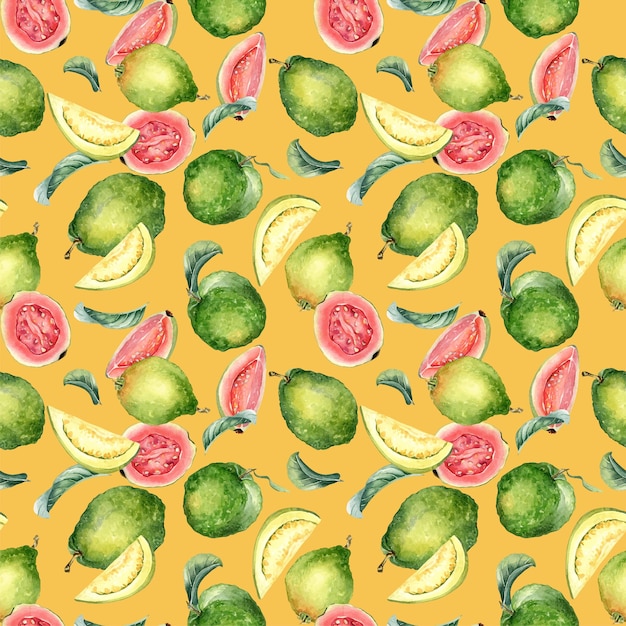 Whole guava and slices leaves watercolor seamless pattern isolated on orange tropical fruit