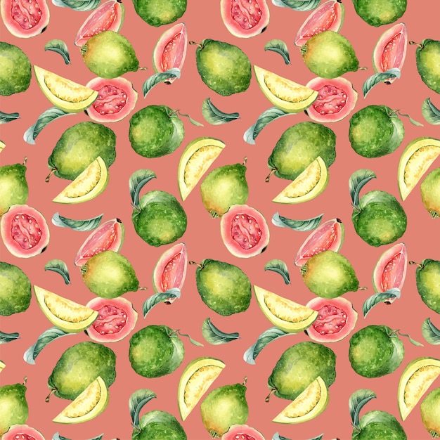 Whole guava and slices leaves watercolor seamless pattern isolated on pink Tropical fruit