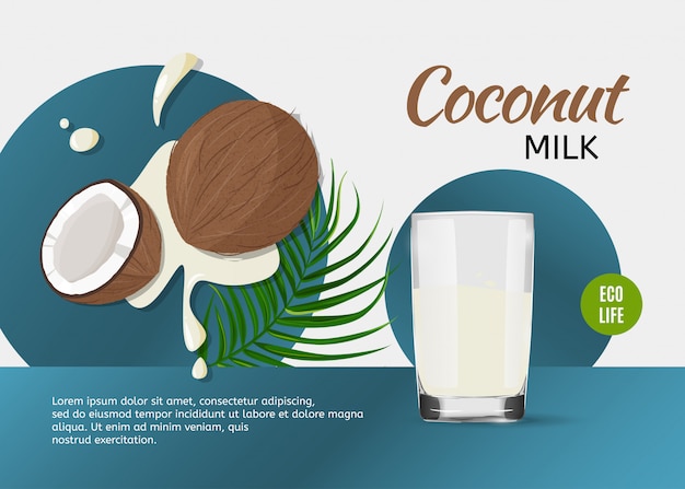 whole and a half coconuts and a glass of coconut milk with green leaf.