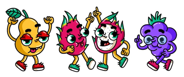 Vector whole and half dragon blackberry and pear vector flat cartoon color icon with emotions