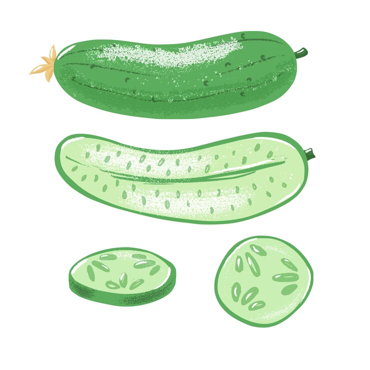 전체, 반 및 얇게 썬 오이, 윗면 및 측면도