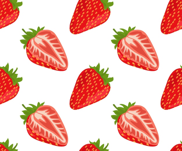 Whole and half strawberries Seamless pattern in vector Bright summer pattern