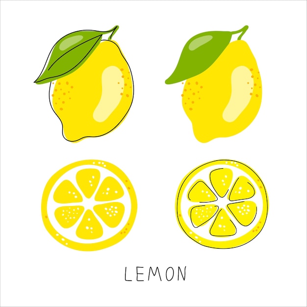 Вектор Целый лимон, разрезанный пополам, обтравочный контур на белом фоне набор свежих фруктов doodle