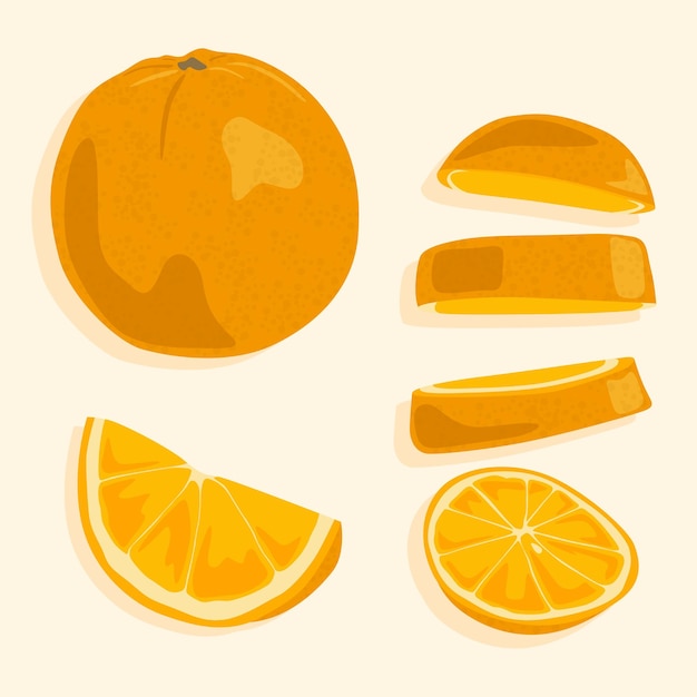 Whole orange and orange slices with pulp vector icons sweet bright fruits natural ingredients