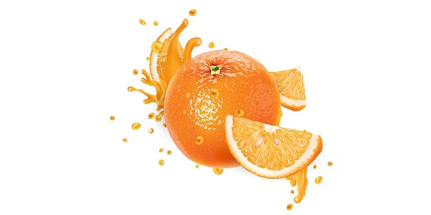 Vector whole orange and slices in fruit juice splashes.