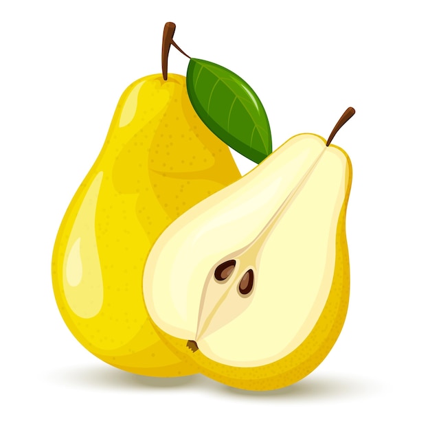 Whole pear and half pear. pear cut with green leaf. yellow pear fruit isolated on a white background. flat design