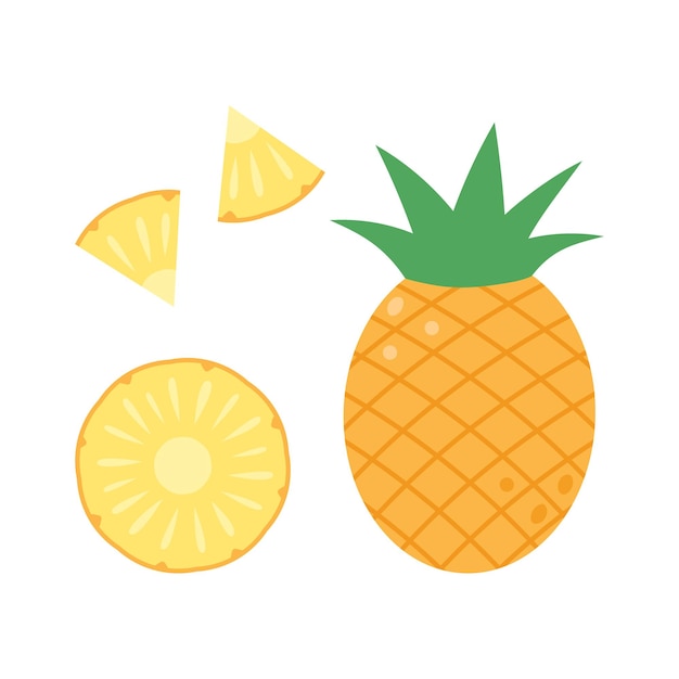 Whole pineapple and slices Vector flat illustration