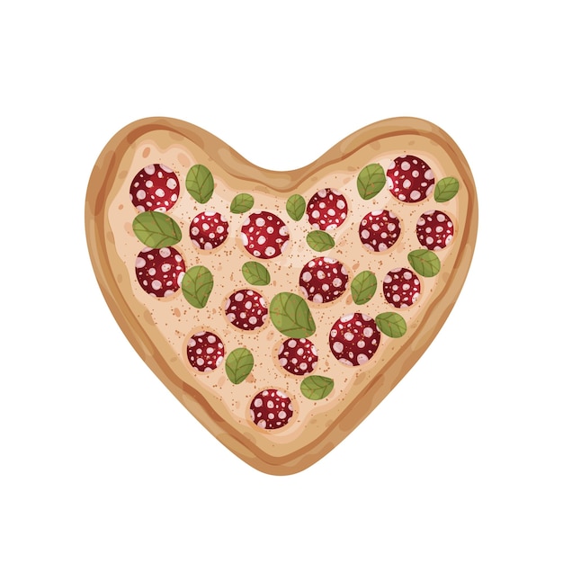 Vector whole pizza in the shape of a heart vector illustration on white background