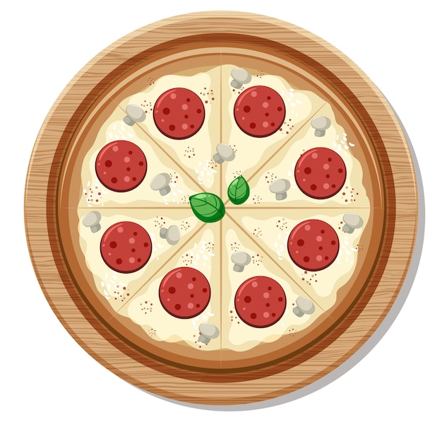 A whole pizza with pepperoni topping on wooden plate isolated