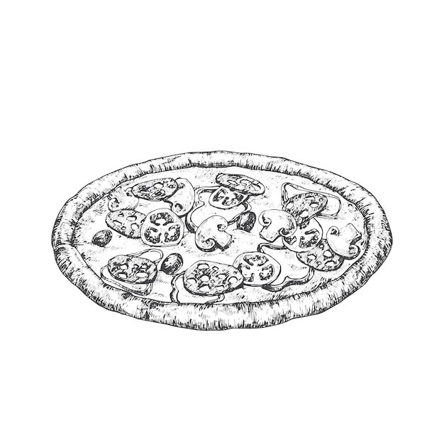 살라미 토마토와 버섯을 곁들인 전체 피자 손으로 그린 스케치 음식 벡터 그림 자연 이탈리아 요리 두들 격리