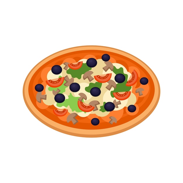 Vector whole pizza with tomato sauce olives mushrooms and cheese