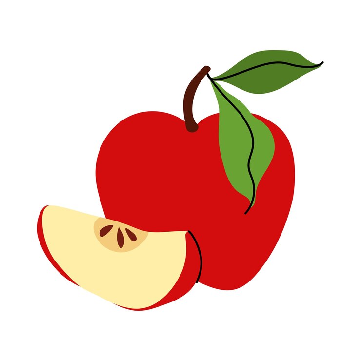 Vector whole red apple with cut piece and leaves sliced summer fruits perfect for harvest farm and