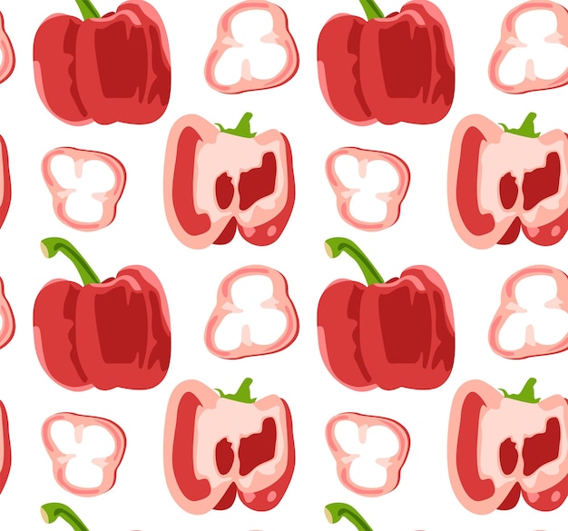 Whole red bell pepper pepper cloves and pepper cut in half Seamless pattern in vector