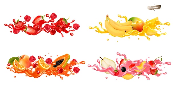 Vector whole and slice of berries and fruit in a jiuce strawberries raspberries cherries blueberries passion fruit banana mango papaya kiwi in a wave of juice with splashes vector set