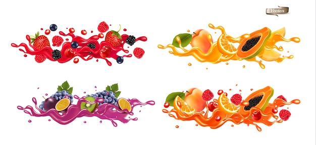 Vector whole and slice of berries and fruit in a jiuce strawberries raspberries cherries blueberries passion fruit banana mango papaya kiwi in a wave of juice with splashes vector set