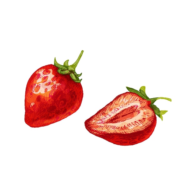 Fragola intera e affettata. illustrazione piatta a colori vettoriali