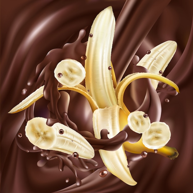 Vettore banane intere ed affettate in cioccolato liquido.