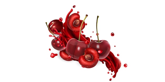 Vector whole and sliced cherries and a splash of fruit juice on a white background. realistic illustration.