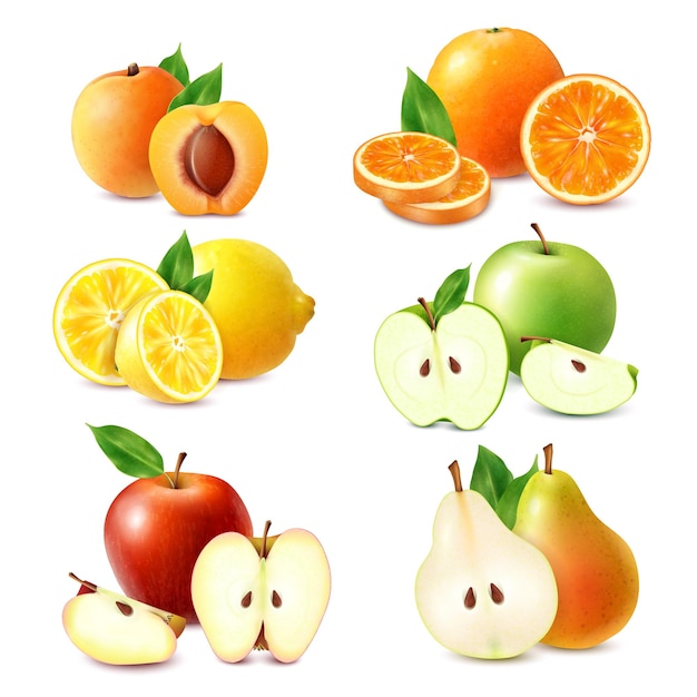 Vector whole and sliced fruits colored set of orange lemon apple peach pear isolated on white background realistic  vector illustration