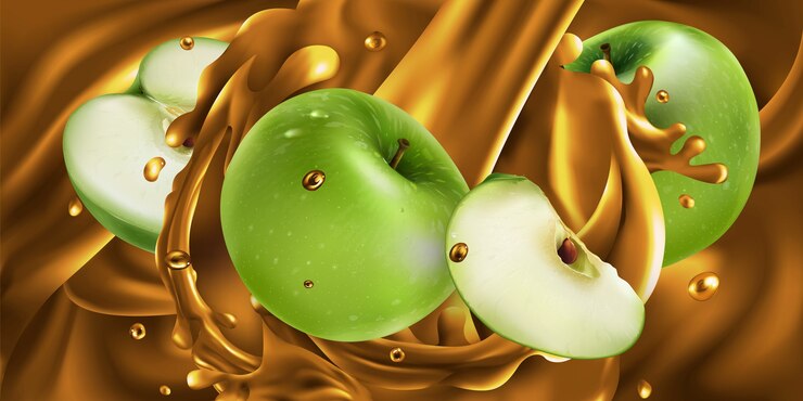 Vector whole and sliced green apples in fruit juice.