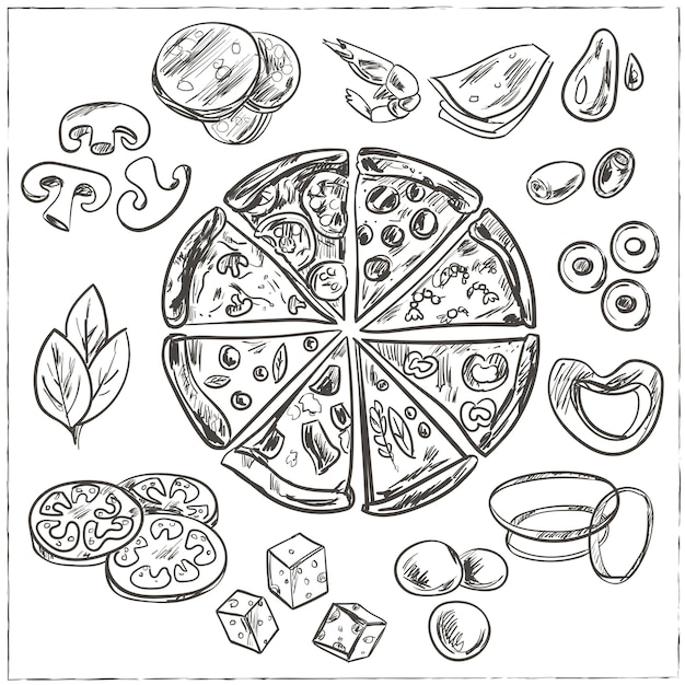 Vector whole and sliced italian pizza sketches with different toppings, such as cheese, pepperoni, salami, mushrooms, tomatoes, olives