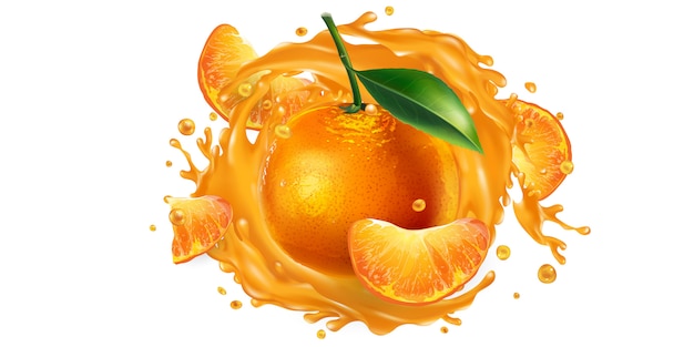 Vector whole and sliced mandarins in a juice splash.