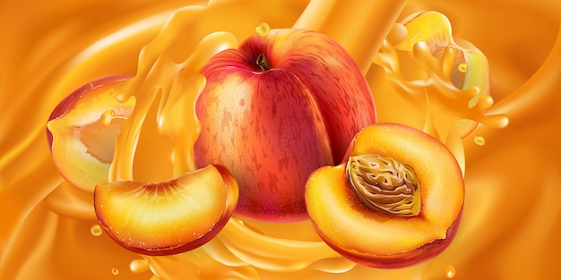 Vector whole and sliced peaches in fruit juice.