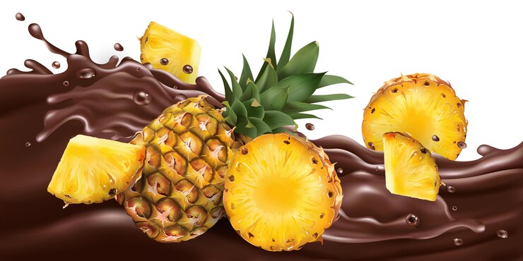 Vector whole and sliced pineapples on a chocolate wave.