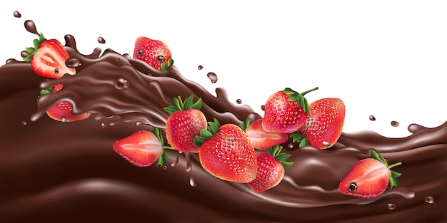 Whole and sliced strawberries on a chocolate wave.