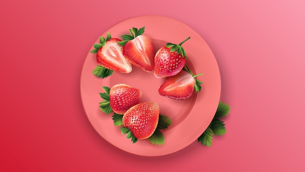 Whole and sliced strawberries on a pink plate.