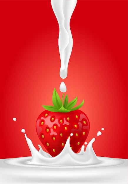 Vector whole strawberry fresh red ripe soft berry with milk liquid splash and pour flowing yogurt cream