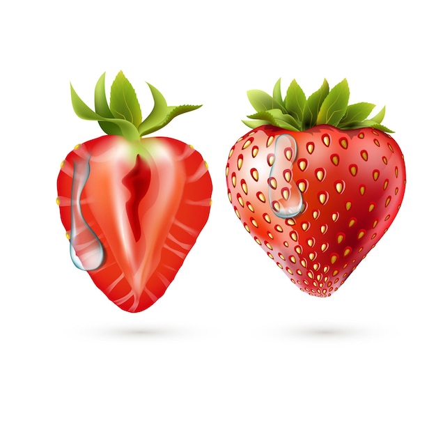 Whole strawberry and sliced half strawberry Fresh red ripe mellow berry  Realistic 3d  vector