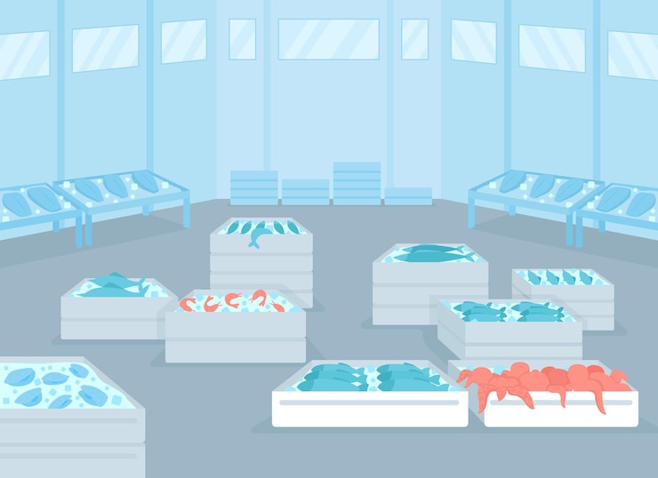 Vector wholesale seafood facility flat color vector illustration. fresh and frozen seafood distribution. containers, freezers with shrimp, octopus and fish 2d cartoon interior with warehouse on background