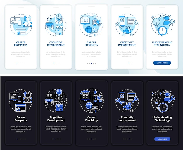 Why to learn to code night and day mode onboarding mobile app screen. Program walkthrough 5 steps graphic instructions pages with concepts. UI, UX, GUI template. Myriad Pro-Bold, Regular fonts used