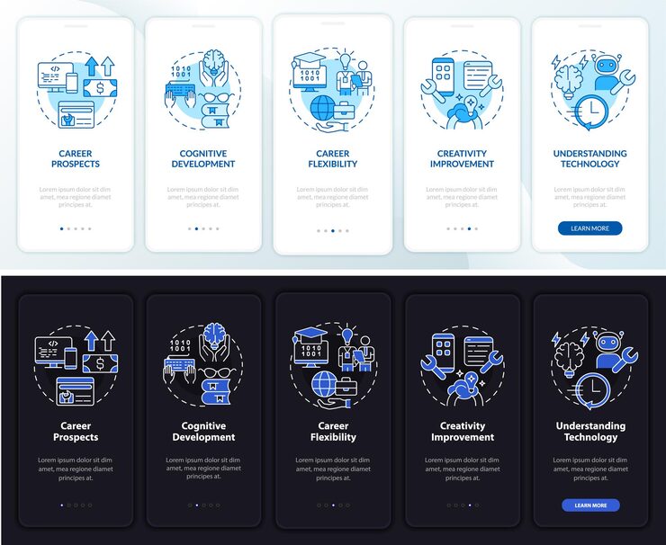 Vector why to learn to code night and day mode onboarding mobile app screen. program walkthrough 5 steps graphic instructions pages with concepts. ui, ux, gui template. myriad pro-bold, regular fonts used