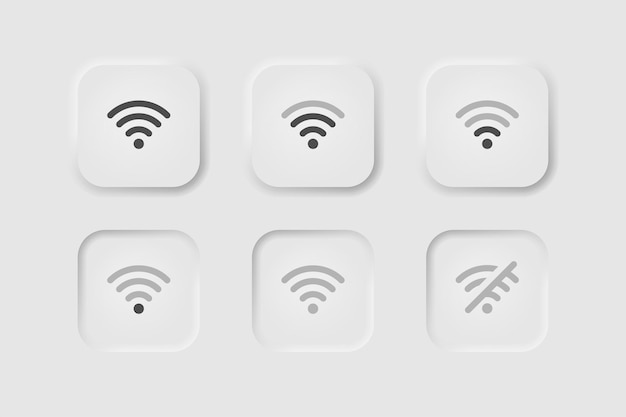 Wi fi icon set in neumorphism style Editable stroke Icons for business white UI UX Internet symbol Wireless no signal remote access Neumorphic style Vector illustration