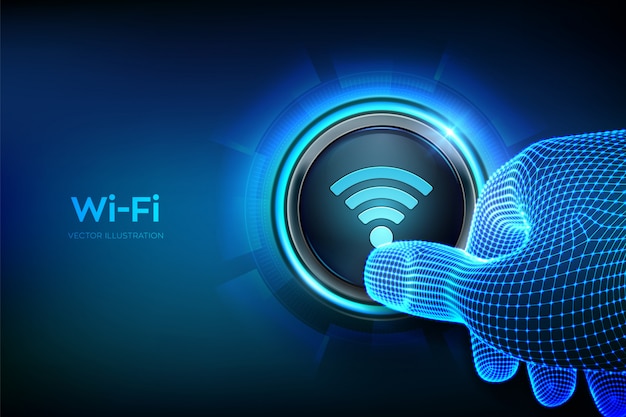 Wi fi-knop. draadloos netwerk verbindingsconcept. close-upvinger ongeveer om op een knop te drukken.