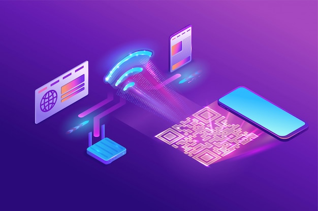 Подключение к сети wi-fi с помощью qr-кода, беспроводное соединение с компьютером, смартфоном и ноутбуком, изометрическая инфографическая векторная иллюстрация 3s, концепция фиолетового градиента