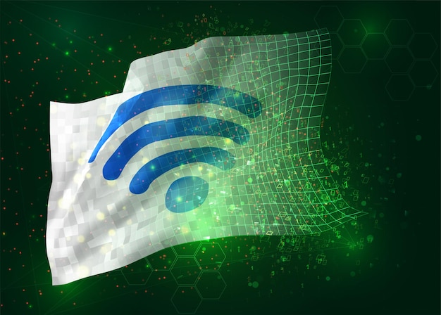 Wi-fi op vector 3d-vlag op groene achtergrond met veelhoeken en gegevensnummers