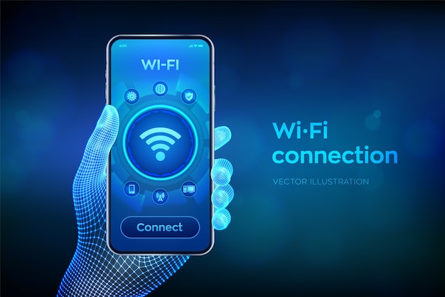 Концепция беспроводного подключения Wi-Fi. Концепция Интернет технологии сигнала беспроводной сети Wi-Fi. Смартфон крупным планом в каркасной руке.