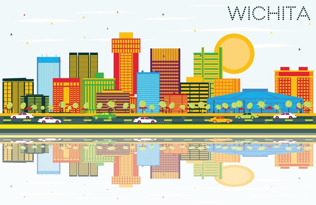 Orizzonte della città di wichita kansas usa con edifici di colore, cielo blu e riflessi. illustrazione di vettore. viaggi d'affari e concetto di turismo con architettura moderna. wichita paesaggio urbano con punti di riferimento.