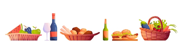 Wicked baskets with food and drinks isolated vector fruits and vegetables wine glass and beer bakery