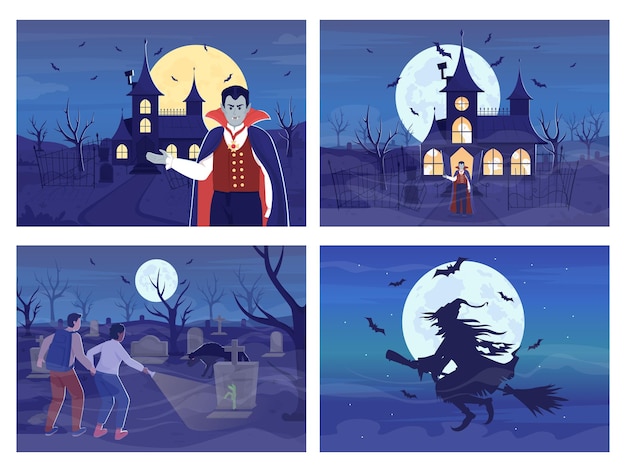 Wicked nighttime flat color vector illustration set