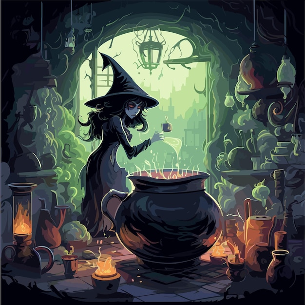 Wicked witch is brewing her potion in a cauldron Vector illustration