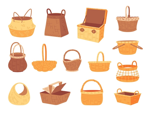 Wicker basket collection Cartoon empty hampers isolated rural baskets set Decorative picnic straw box bamboo or wood classy home decor vector set