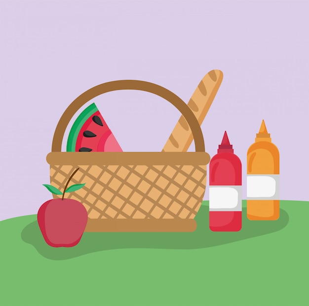 Vector wicker basket fruit bread and sauces picnic in the park